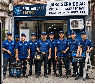 Ilustrasi delapan teknisi di depan bengkel dengan peralatan kerja